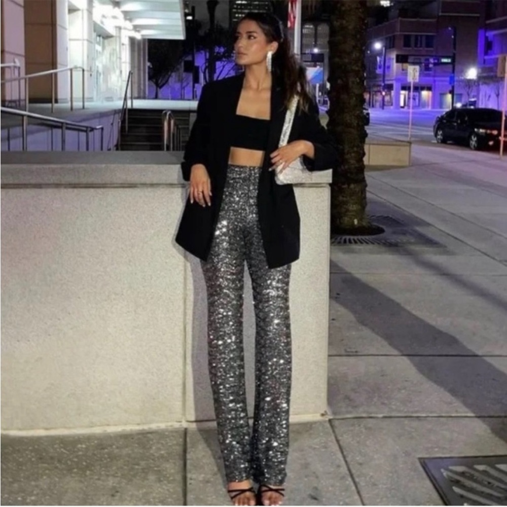 ZARA DARK SILVER GREY HIGH WAIST SEQUINNED FLARED WIDE LEG PANTS NWT - Picture 6 of 7